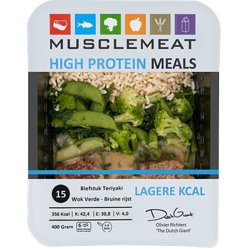 Foto van Muscle meat high protein meals biefstuk teriyaki wok verde bruine rijst 400g bij jumbo