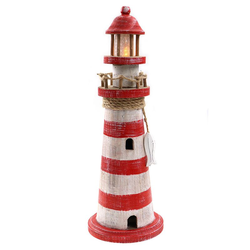 Foto van Vuurtoren beeldje met led licht - hout - 12 x 35 cm - wit/rood - maritieme decoraties binnen - beeldjes