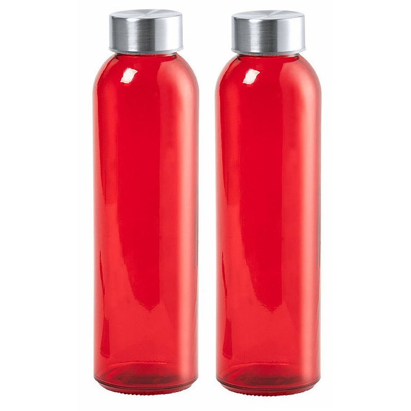 Foto van Glazen waterfles/drinkfles/sportfles -2x - rood transparant - met rvs dop - 500 ml - drinkflessen