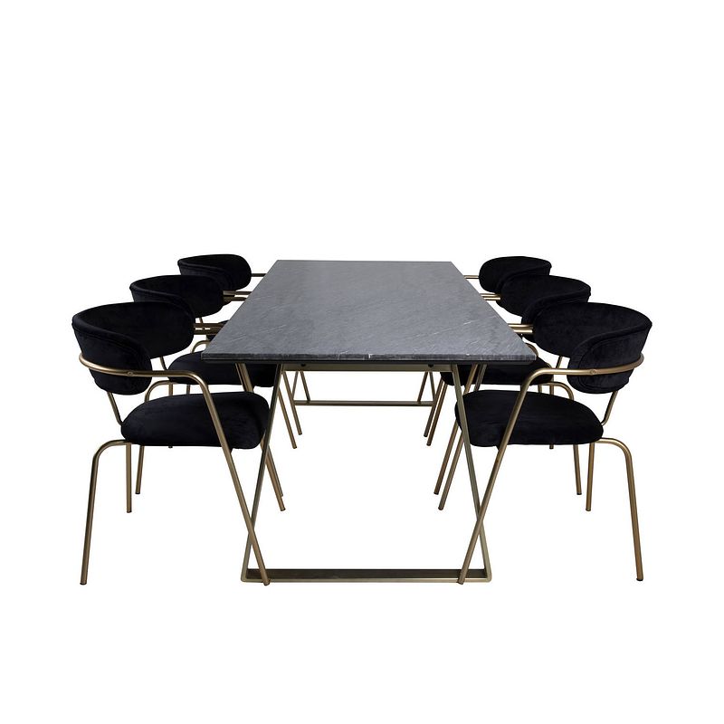 Foto van Estelleblbr eethoek eetkamertafel zwart, marmer en 6 arrow eetkamerstal velours zwart.