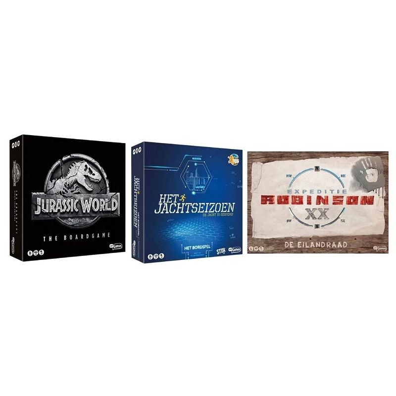 Foto van Spellenbundel - 3 stuks - jurassic world the boardgame & het jachtseizoen & expeditie robinson de eilandraad