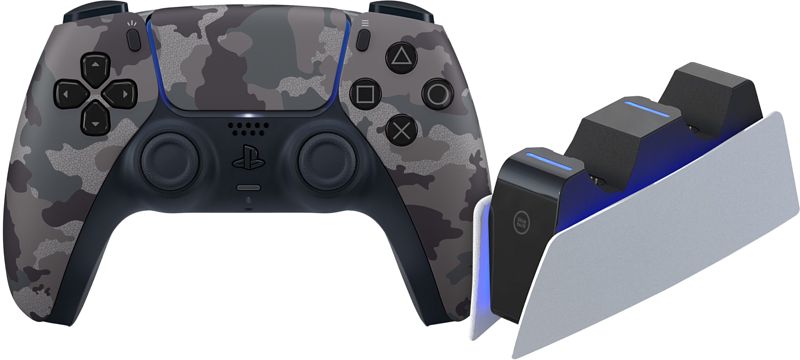 Foto van Sony playstation 5 dualsense draadloze controller grey camo + bluebuilt oplaadstation