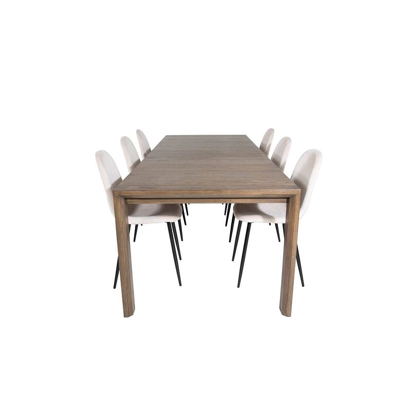 Foto van Slideros eethoek eetkamertafel udtræksbord længde cm 170 / 250 rokerig eik en 6 polar eetkamerstal velours beige.