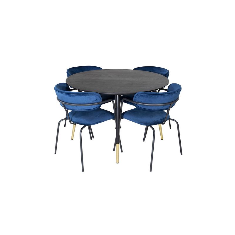 Foto van Dippø115blbr eethoek eetkamertafel zwart en 4 arrow eetkamerstal velours blauw.