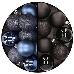 Foto van 24x stuks kunststof kerstballen mix van donkerblauw en zwart 6 cm - kerstbal