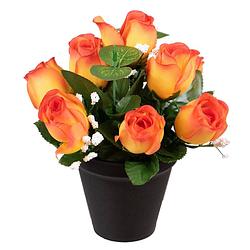 Foto van Louis maes kunstbloemen klein boeketje rozen in pot - oranje - h25 cm - bloemstuk - bladgroen - kunstbloemen