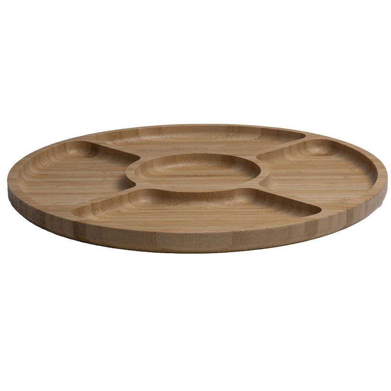 Foto van Bamboe houten serveerbord/tapasbord 5 vakken rond d30 cm - serveerplanken