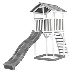 Foto van Axi beach tower speeltoestel van hout in grijs & wit speeltoren met zandbak en grijze glijbaan