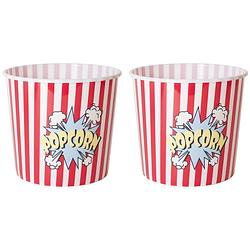 Foto van Gerimport popcorn bak - 2x - rood/wit - kunststof - d21 - 7 liter - herbruikbaar - snack en tapasschalen