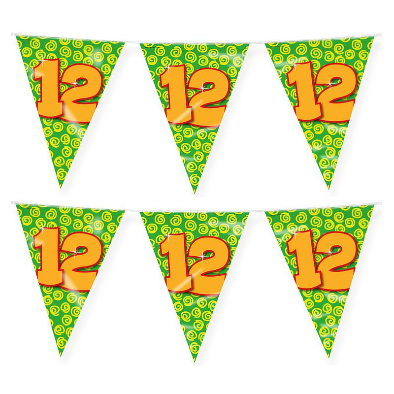 Foto van Paperdreams verjaardag 12 jaar thema vlaggetjes - 2x - feestversiering - 10m - folie - dubbelzijdig - vlaggenlijnen