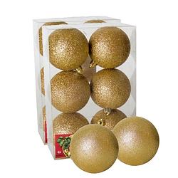Foto van 12x stuks kerstballen goud glitters kunststof 8 cm - kerstbal
