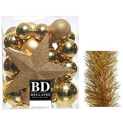 Foto van Kerstversiering kerstballen 5-6-8 cm met ster piek en folieslingers pakket goud van 35x stuks - kerstbal