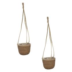 Foto van Set van 2x stuks hangende plantenpot/bloempot van jute/zeegras dia 17 cm en hoogte 14 cm camel bruin - plantenpotten