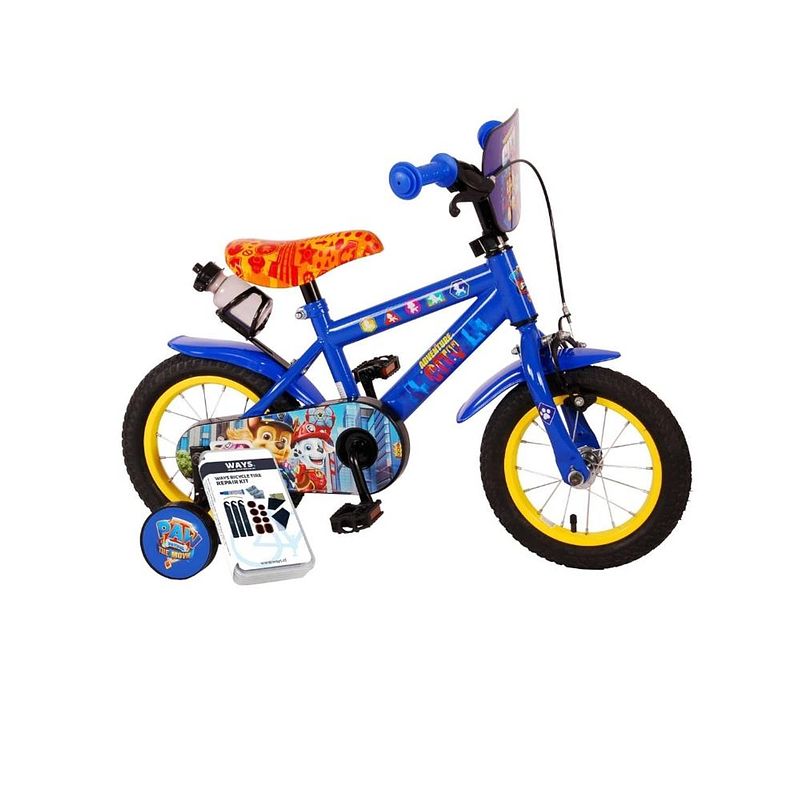 Foto van Volare kinderfiets paw patrol - 12 inch - blauw - twee handremmen - inclusief ways bandenplakset