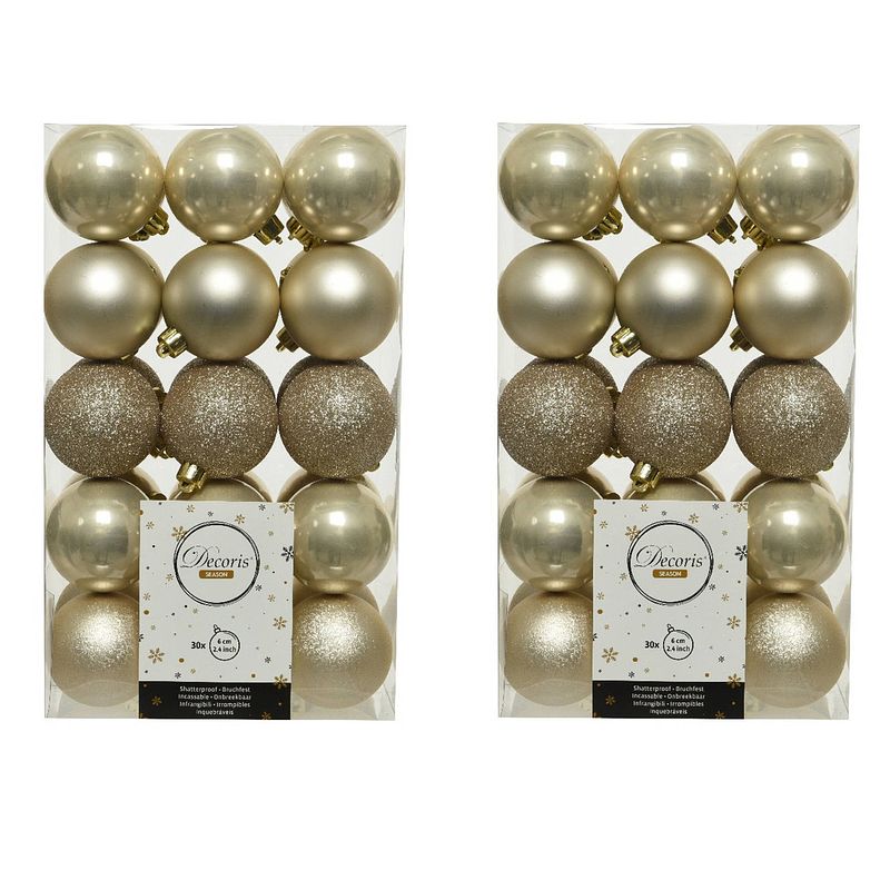 Foto van 60x stuks kunststof kerstballen licht parel/champagne 6 cm glans/mat/glitter - kerstbal