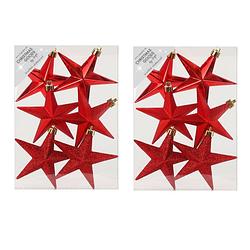 Foto van 12x stuks kunststof kersthangers sterren rood 10 cm kerstornamenten - kersthangers
