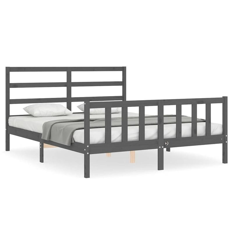 Foto van The living store massief grenenhouten bedframe - grijs - 205.5 x 165.5 x 100 cm - met multiplex lattenbodem