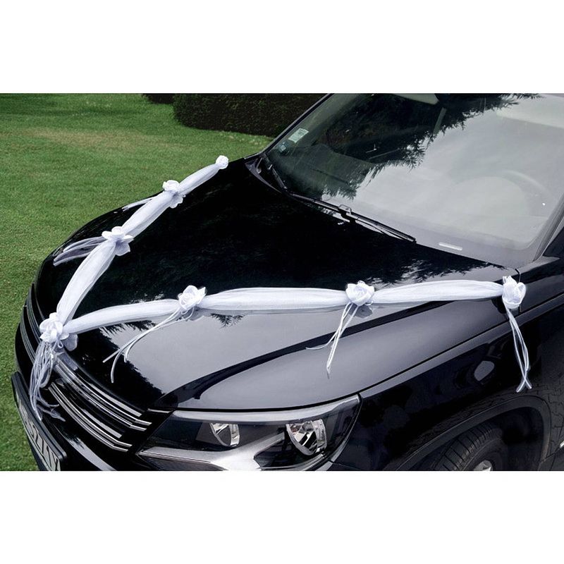 Foto van Partydeco trouwauto organza lint rozen - bruiloft - wit - 2x stuks - just married - feestdecoratievoorwerp