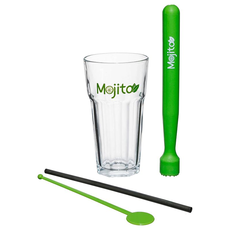 Foto van Secret de gourmet cocktails/mojito glazen set - 4x stuks - met accessoires - 400 ml - cocktailglazen