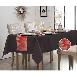 Foto van Zwart tafelkleed 140 x 240 cm - met tafelloper rood/goud 28 x 300 cm - feesttafelkleden