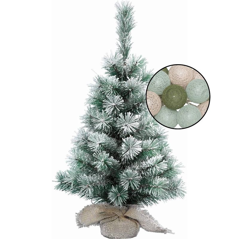 Foto van Mini kerstboom besneeuwd met verlichting - in jute zak - h60 cm - kleur mix groen - kunstkerstboom