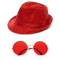 Foto van Carnaval verkleed set glitter hoed en ronde party bril rood - verkleedhoofddeksels