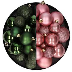 Foto van Kerstballen 60x stuks - mix donkergroen/oudroze - 4-5-6 cm - kunststof - kerstbal