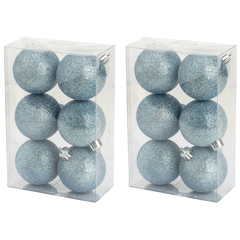 Foto van 12x stuks kunststof glitter kerstballen ijsblauw 6 cm - kerstbal