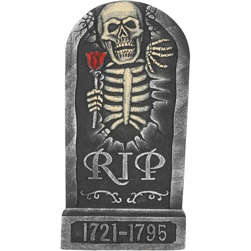 Foto van Halloween horror kerkhof decoratie grafsteen rip skelet met roos 32 x 65 cm - feestdecoratievoorwerp