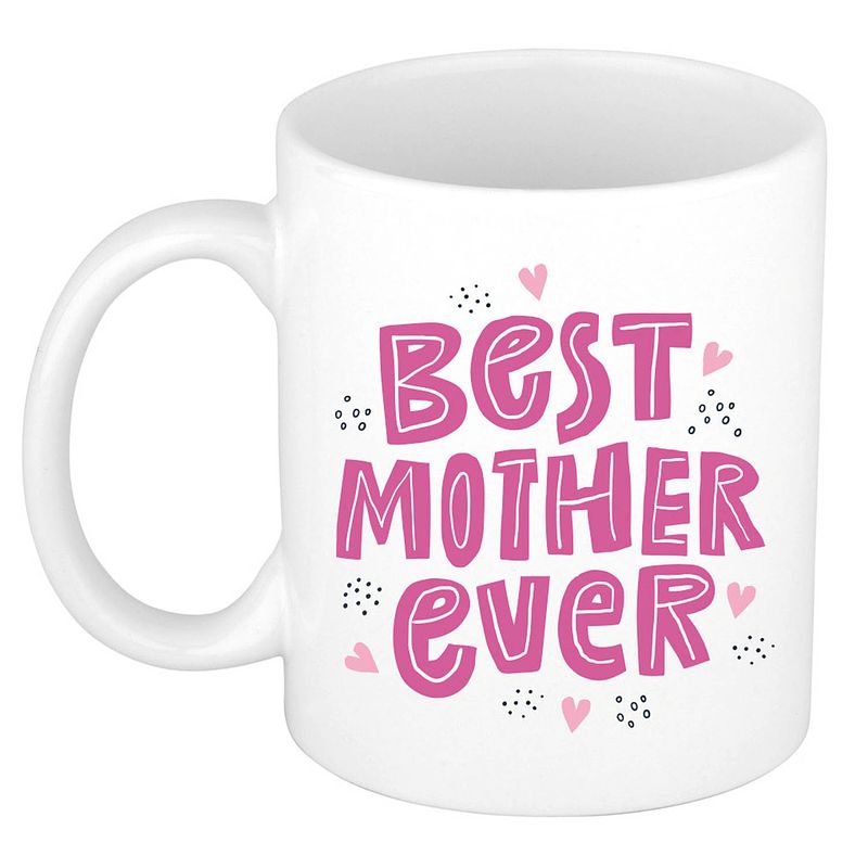 Foto van Best mother ever moederdag cadeau mok / beker wit met roze letters en kleine hartjes - feest mokken