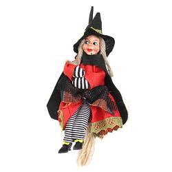 Foto van Halloween decoratie heksen pop op bezem - 20 cm - zwart/rood - halloween poppen