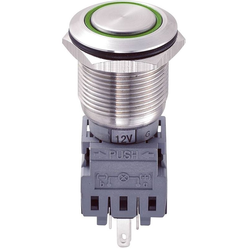 Foto van Tru components 701856 las1-bgq-11e/g/12v vandalismebestendige druktoets 250 v/ac 5 a 1x uit/(aan) moment groen ip67 1 stuk(s)