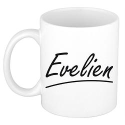 Foto van Naam cadeau mok / beker evelien met sierlijke letters 300 ml - naam mokken