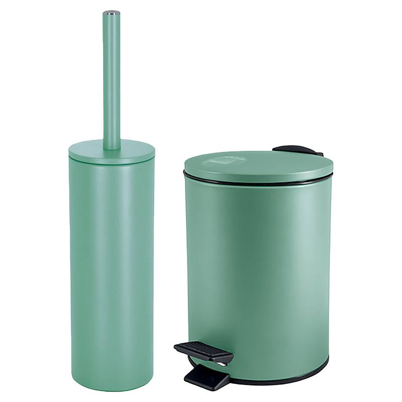 Foto van Spirella badkamer/toilet accessoires set - toiletborstel en pedaalemmer - 5l - metaal - salie groen - badkameraccessoire