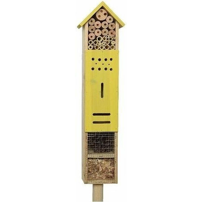 Foto van Geel insectenhotel 118 cm op paal/steker - hotel/huisje voor insecten - bijenhuis/vlinderhuis