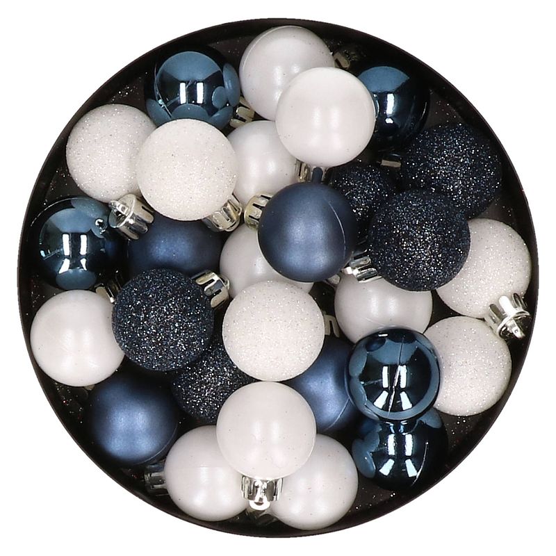 Foto van 28x stuks kunststof kerstballen donkerblauw en wit mix 3 cm - kerstbal