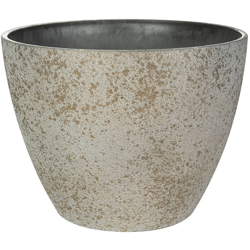 Foto van Bloempot/plantenpot - buiten - beige/goud - d29 en h22 cm - kunststof/steenmix - plantenpotten