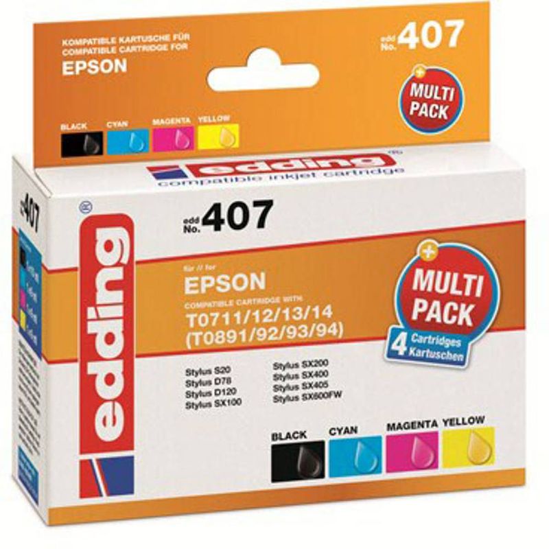 Foto van Edding cartridge vervangt epson t0711/t0712/t0713/t0714 multipack 4 compatibel combipack zwart, cyaan, magenta, geel edd-407 18-407