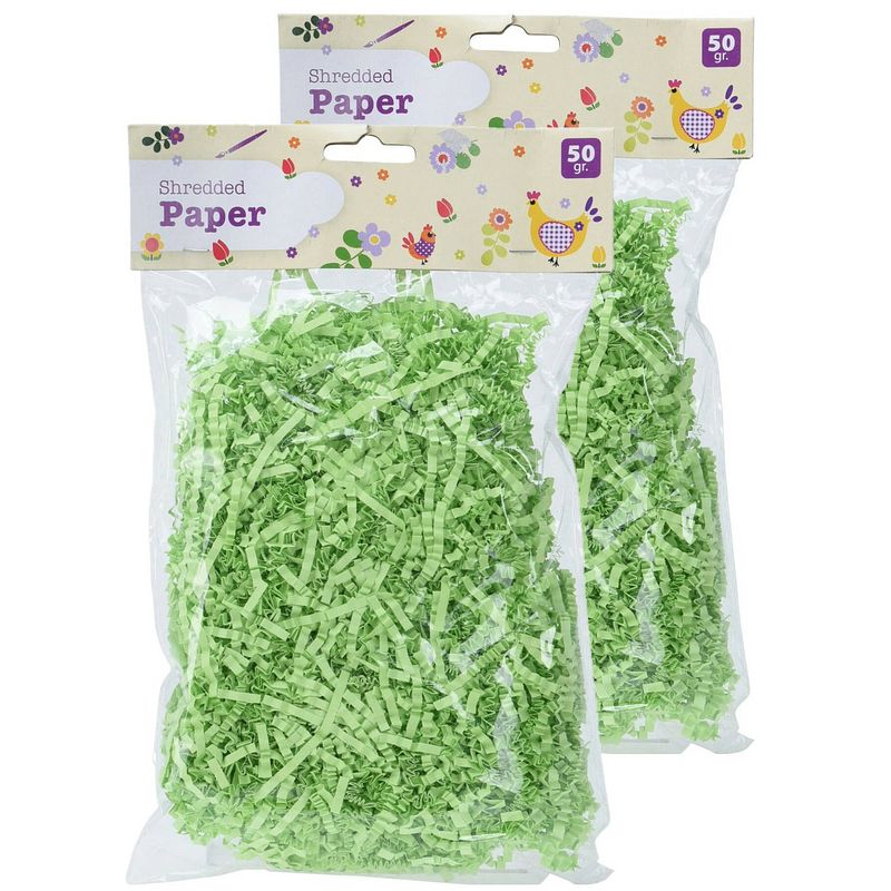 Foto van Set van 2x decoratie paasgras vulmateriaal - crepe papier - licht groen - 100 gram - feestdecoratievoorwerp
