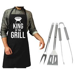 Foto van Bbq/barbecue gereedschap set 3-delig rvs met zwart schort king of the grill - barbecuegereedschapset