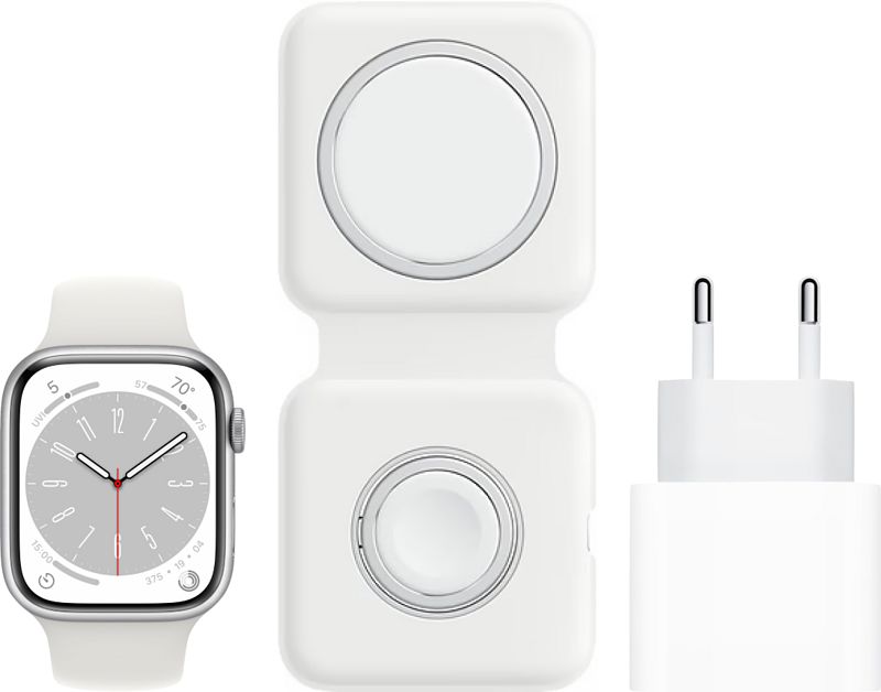 Foto van Apple watch series 8 41mm zilver aluminium witte sportband +  magsafe oplaadpakket