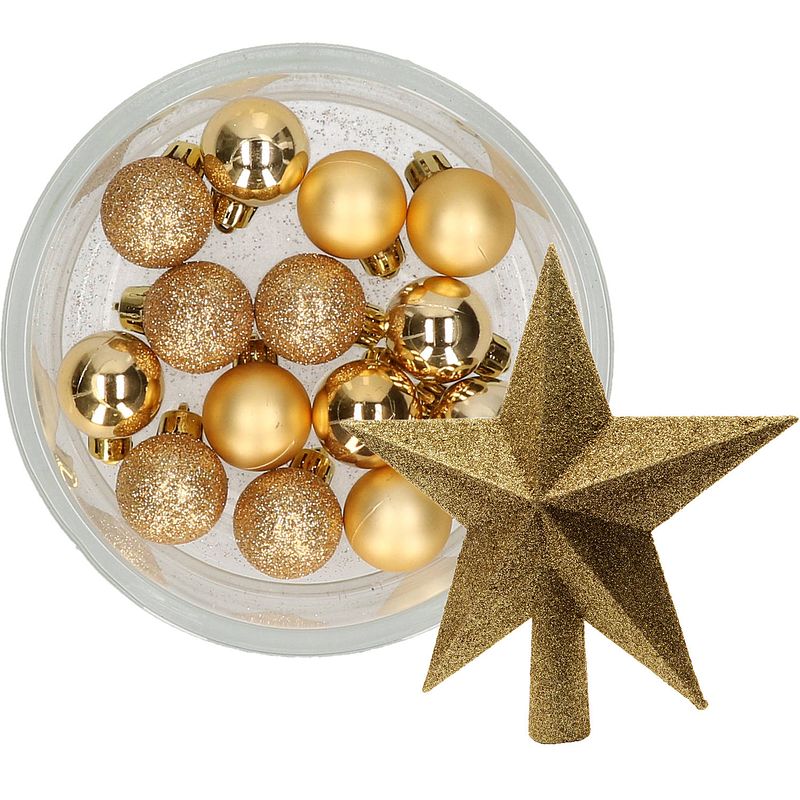 Foto van Decoris 14x stuks kerstballen 3 cm met ster piek goud kunststof - kerstbal