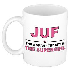 Foto van Juf the woman, the myth, the supergirl cadeau koffiemok / theebeker 300 ml - feest mokken