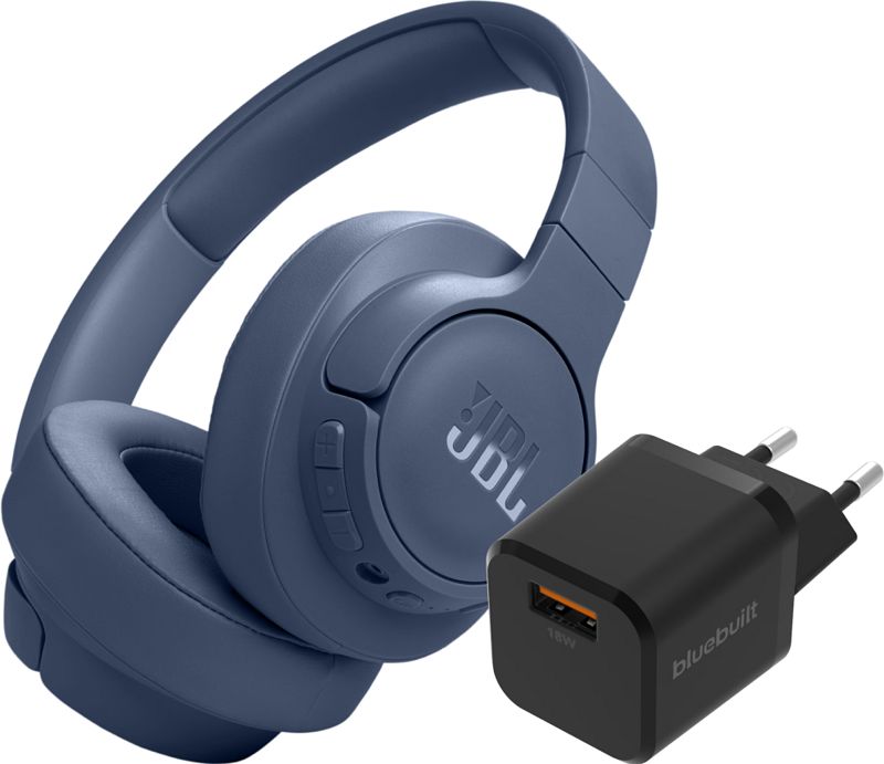 Foto van Jbl tune 770nc blauw + bluebuilt quick charge oplader met usb a poort 18w zwart