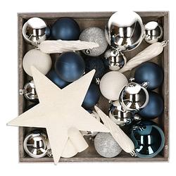 Foto van Kunststof kerstballen - 45x stuks - met ster piek - blauw,wit,zilver - kerstbal