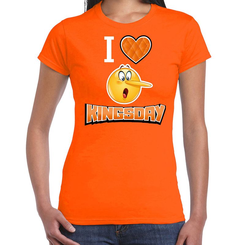 Foto van Oranje koningsdag t-shirt - i love kingsday - dames xs - feestshirts