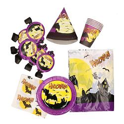Foto van Halloween thema feest papieren party set - vleermuis - 31 delig - 6 personen - wegwerp servies - feestpakketten