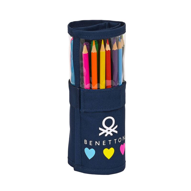 Foto van Schooletui met accessoires benetton love marineblauw (27 onderdelen) (7 x 20 x 7 cm)