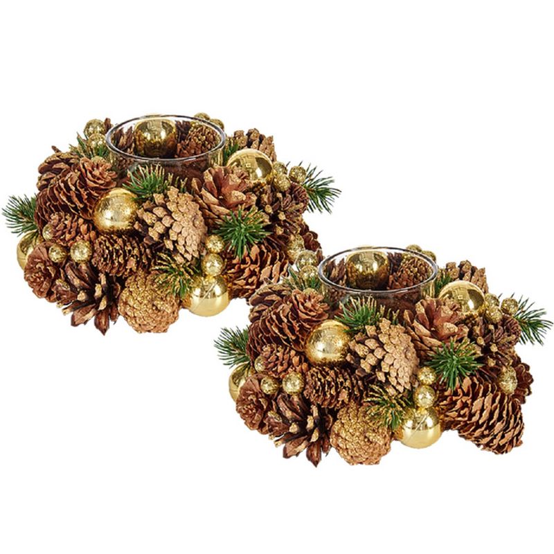 Foto van Set van 2x stuks kerst thema kaarsenhouders ornament bruin met goud nature 18 cm - waxinelichtjeshouders