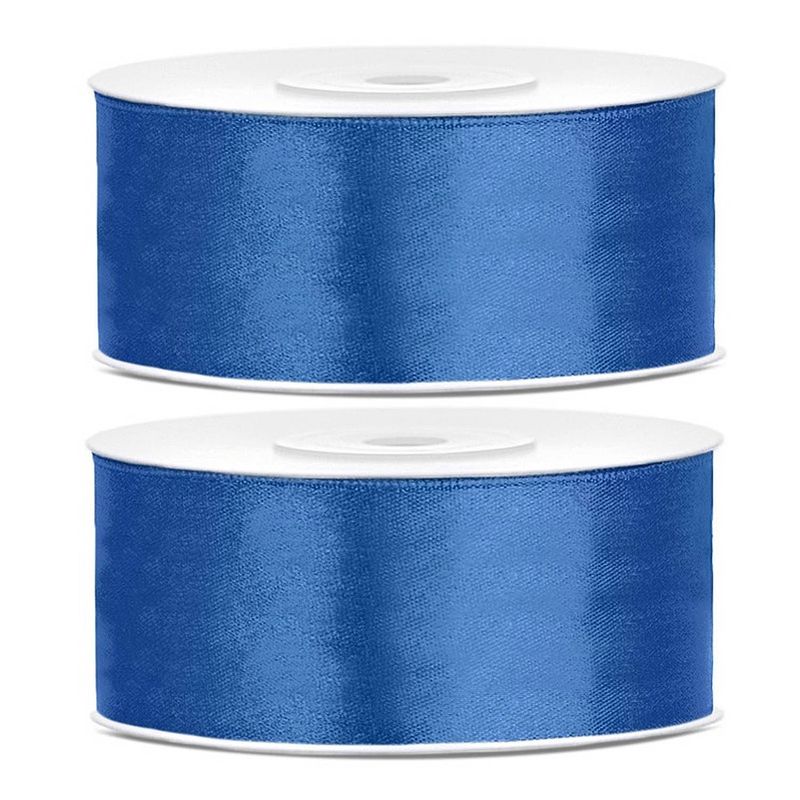 Foto van 2x hobby/decoratie helderblauwe satijnen sierlinten 2,5 cm/25 mm x 25 meter - cadeaulinten